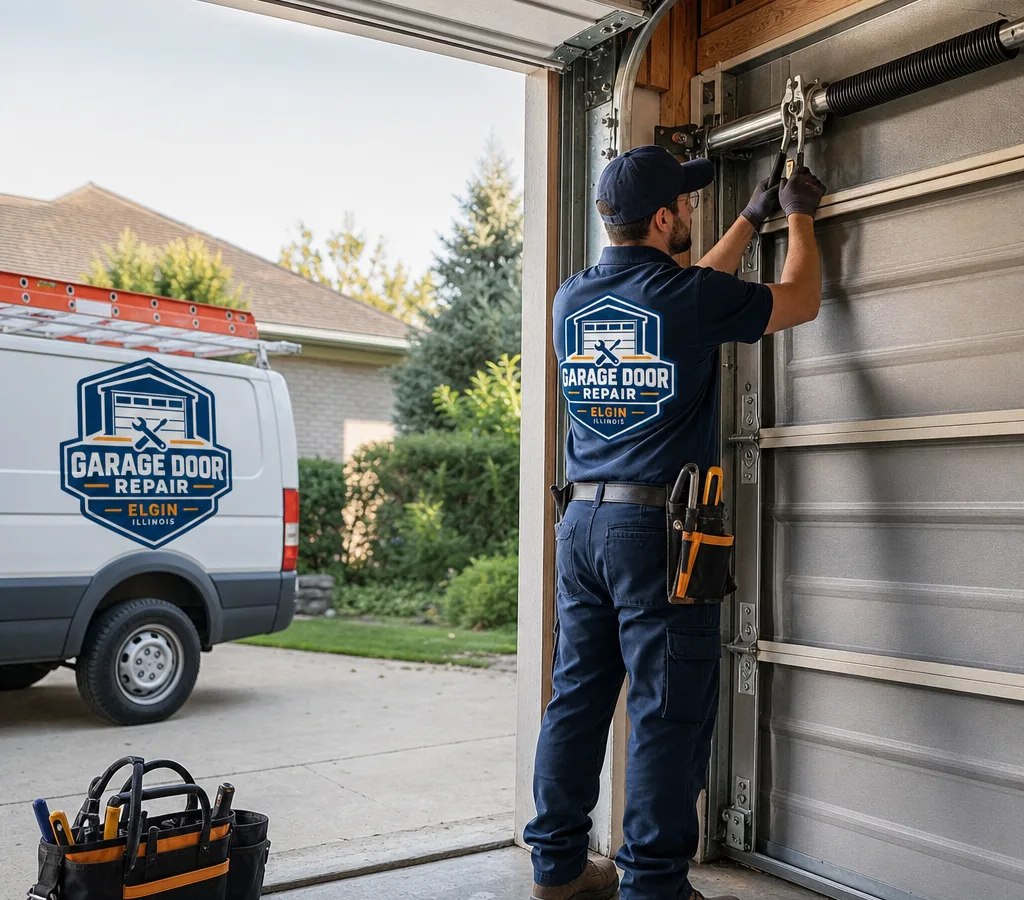 Technician repairing the torsion spring and center bracket of a residential sectional garage door in Elgin