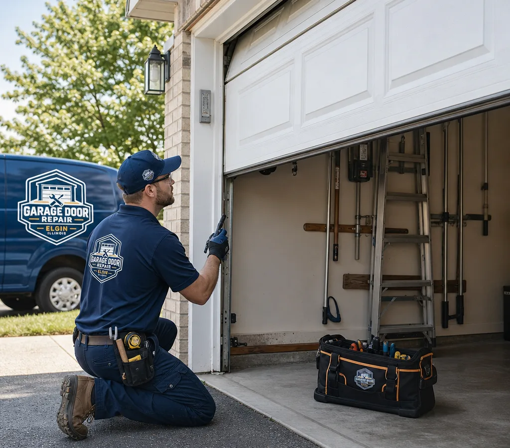Technician inspecting a partially open sectional garage door at a South Elgin home