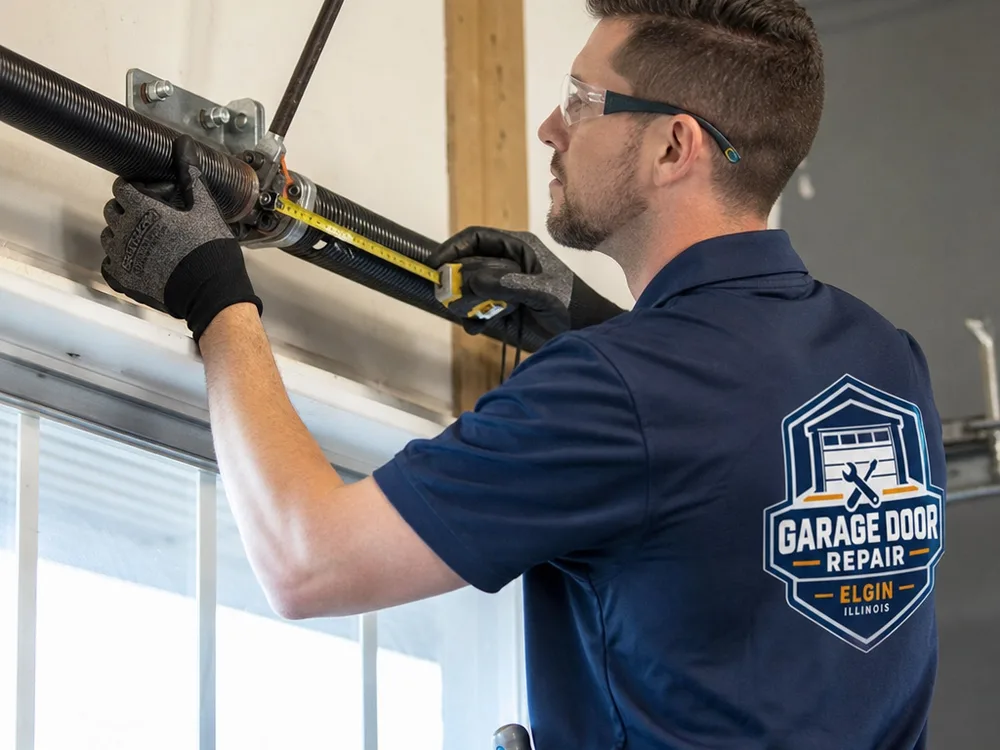 Technician measuring and inspecting a garage door torsion spring and center bearing plate
