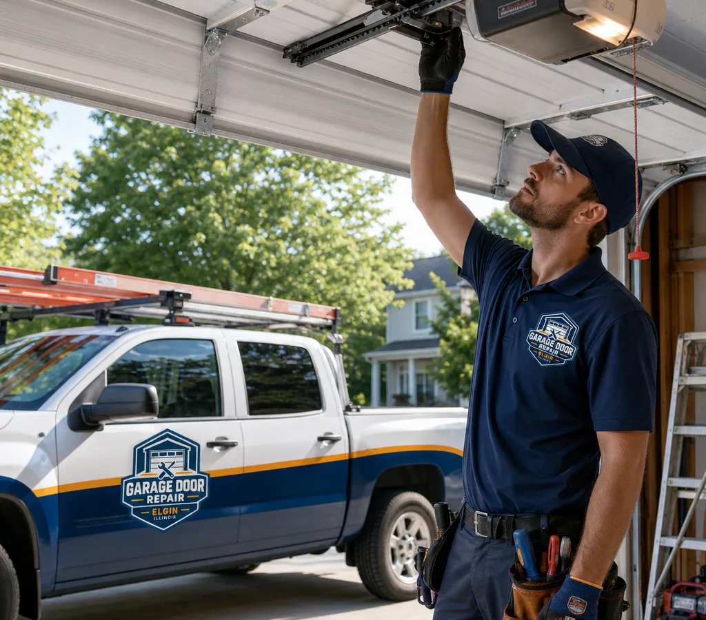 Technician in an Elgin-area driveway inspecting a residential sectional garage door and opener rail with a service truck in the background