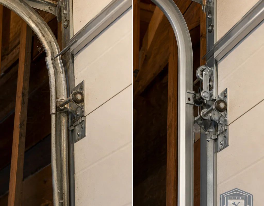 Before-and-after comparison of bent track and a straight new track with properly seated rollers