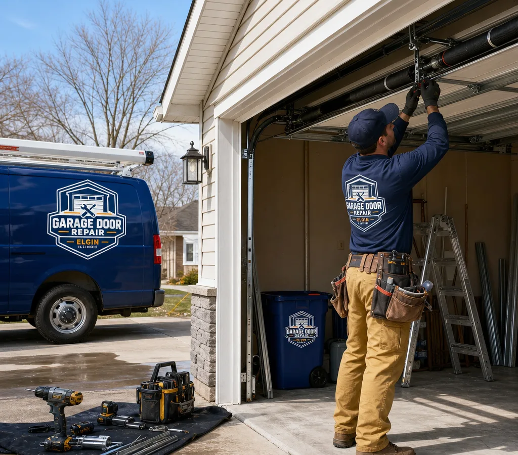 Technician installing a new sectional garage door with tracks and torsion spring system visible
