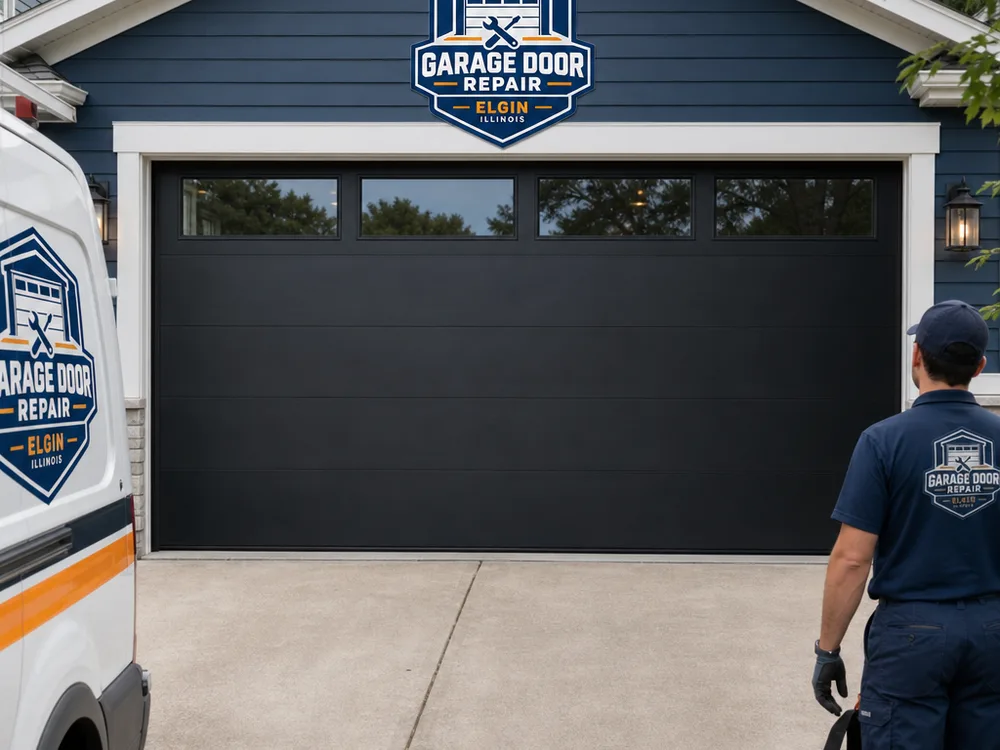 Newly installed modern steel sectional garage door with clean trim and aligned panels
