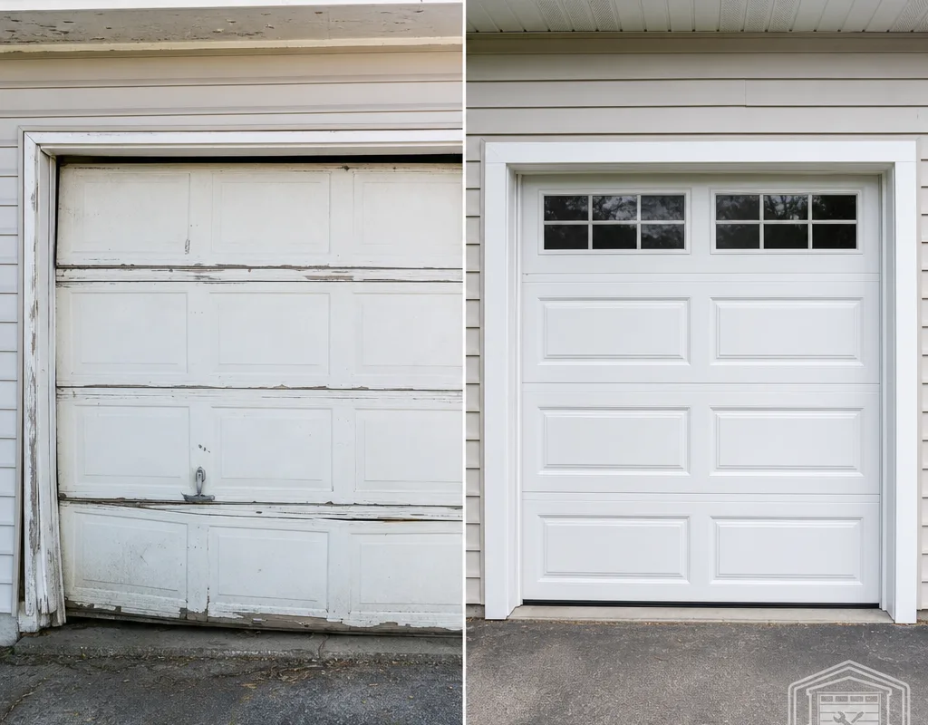 Older worn garage door and newly installed replacement showing improved alignment and fresh perimeter weather seal