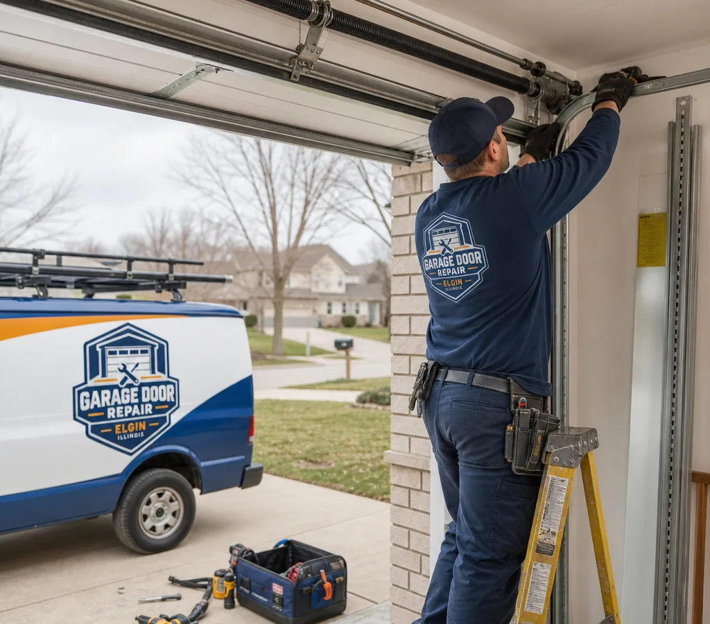 Technician carefully installing a new sectional garage door with track and torsion spring hardware visible