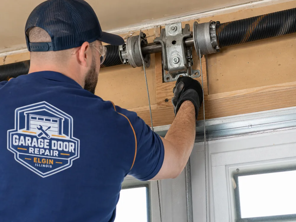 Close-up of a professionally installed garage door torsion spring, shaft, bearing plate, cable drums, and lift cables