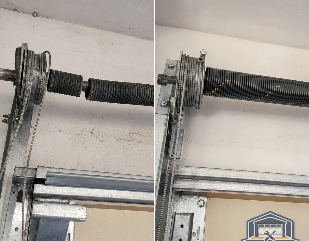 Broken torsion spring and slack cables compared with new matched springs and correctly seated cables