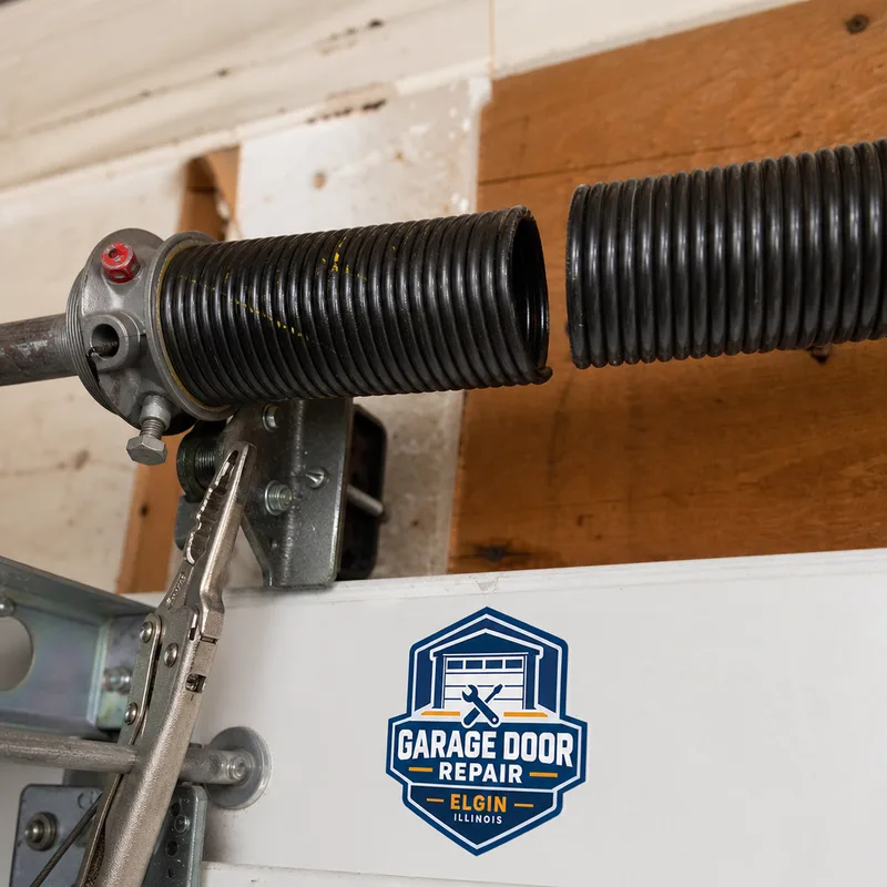 Broken torsion spring with a visible gap and secured garage door hardware