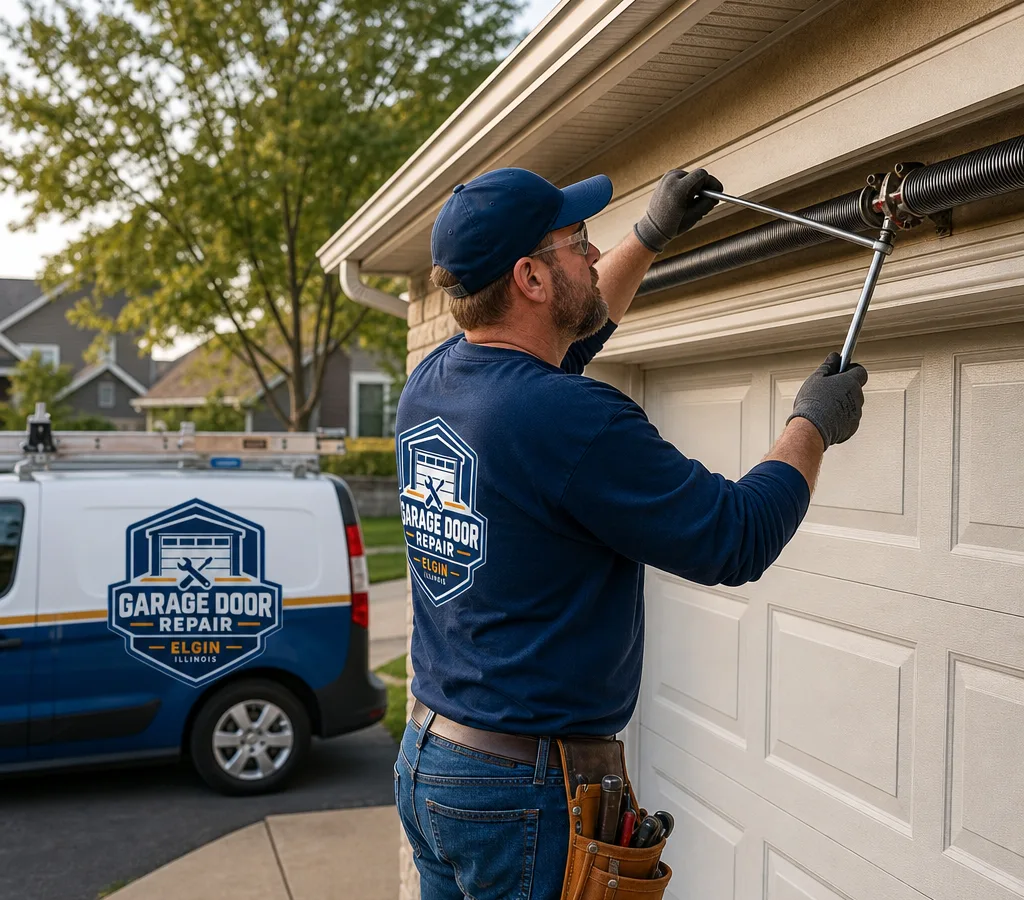 Technician adjusting a torsion spring assembly above a closed garage door in an Elgin-area driveway
