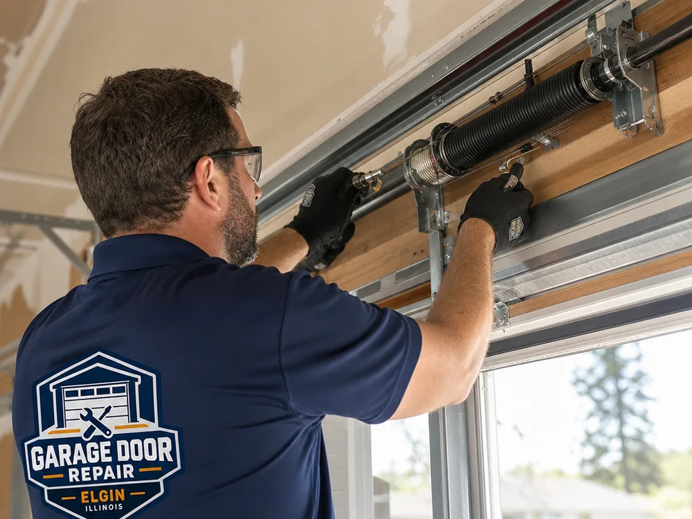 Extension spring setup with a safety cable and correctly routed pulley hardware