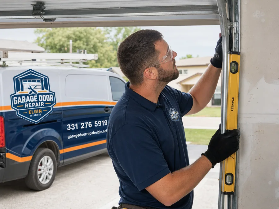 Technician inspecting garage door track alignment and roller wear with a level