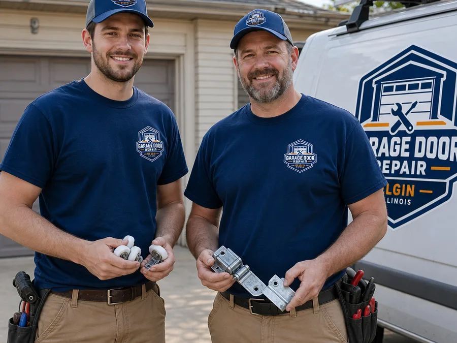 Garage door technicians with repair parts beside a service vehicle in a residential driveway